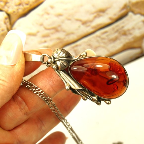 CALLA LILLY BIG AMBER and 925 SILVER PENDANT WITH 19 in STERLING CHAIN - Picture 6 of 10